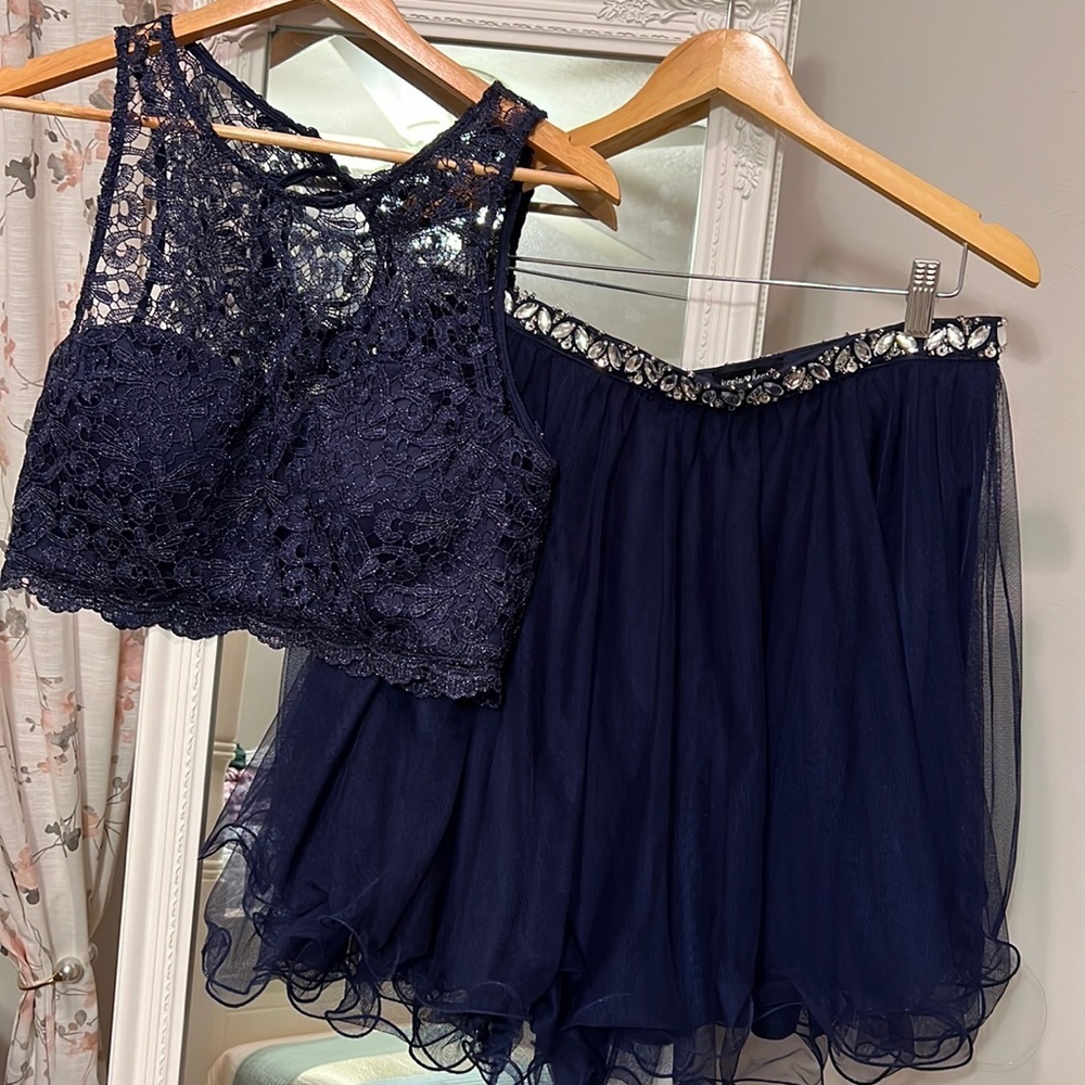 160 Sequin Hearts Navy Blue with lace and jewels formal prom